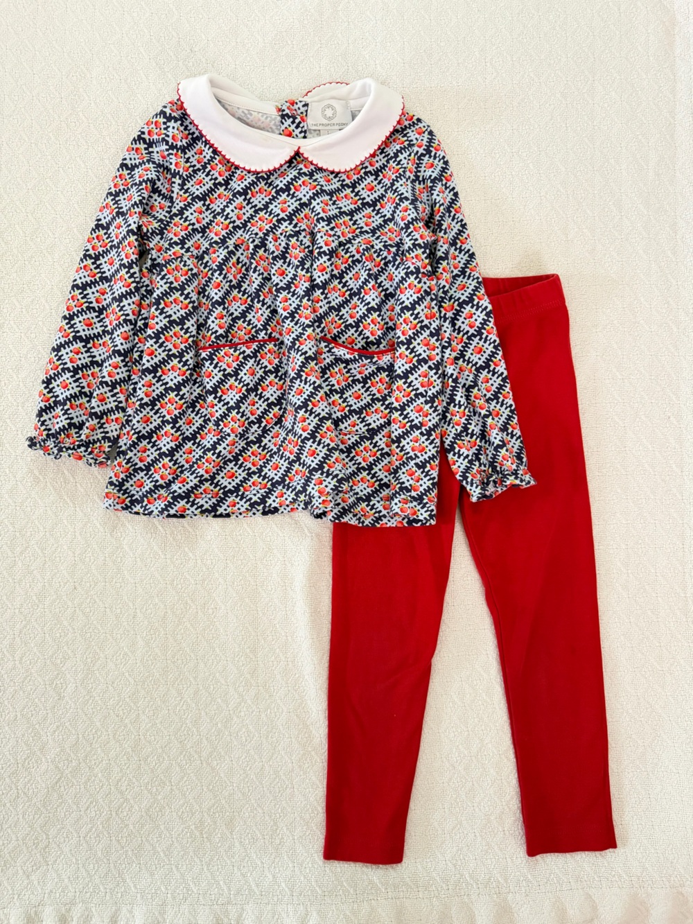 The Proper Peony Apple Tunic Top with Peter Pan Collar and Red Pants